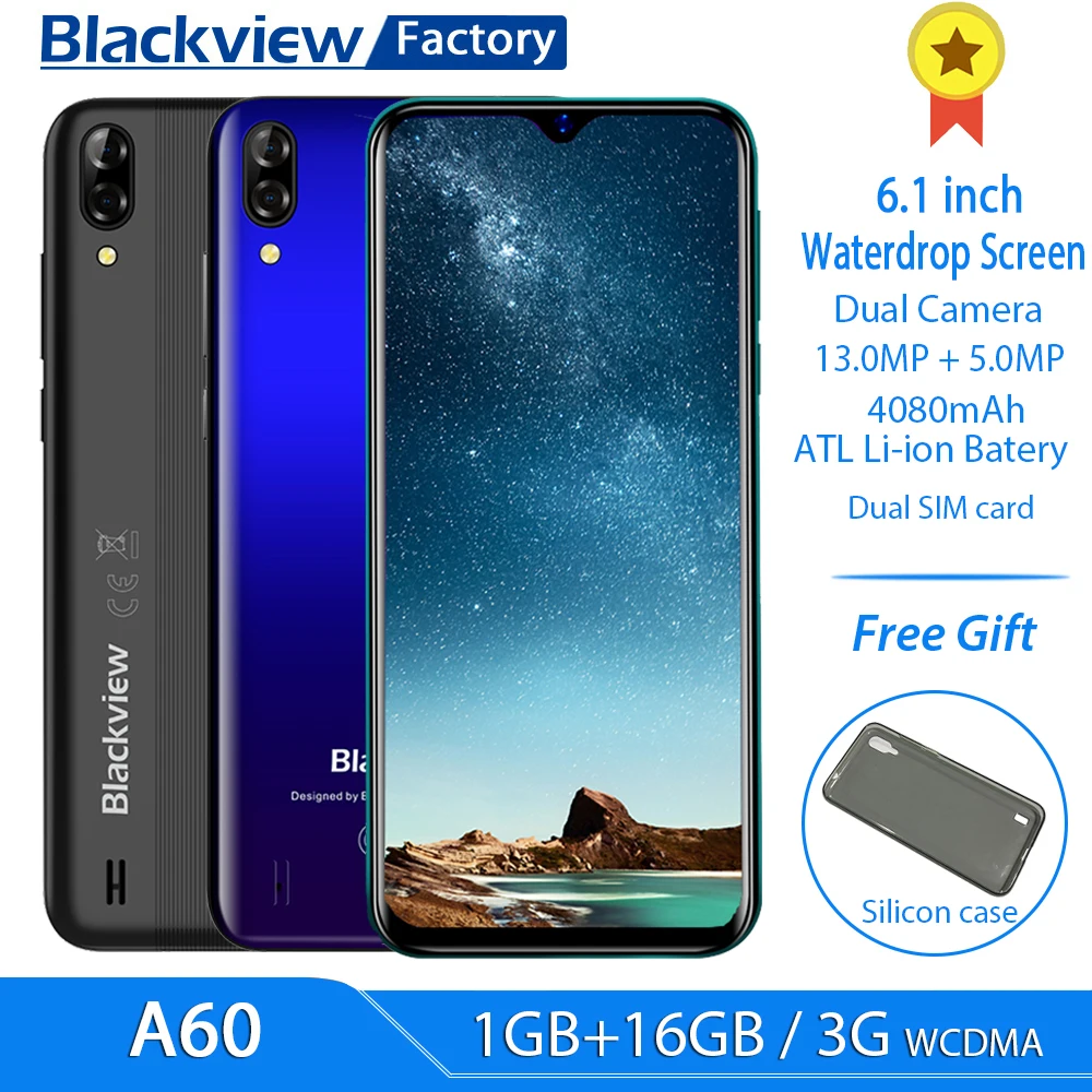 Blackview A60 6 1 &quot19 2: 9 экран капли 13 Мп задняя камера Гб 16 Смартфон 4080 мАч Android 8