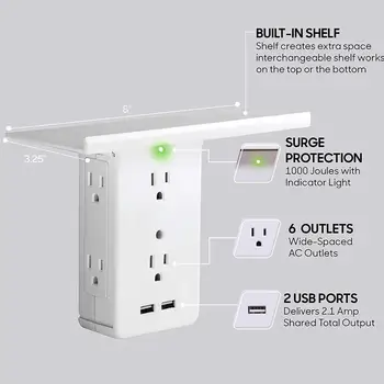 

1PC 8 Port Surge Protector Multi-function Socket Shelf for Use White 2 USB Interface Surge Protector Socket Shelf
