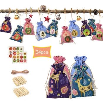 

24PCS Christmas Drawstring Gift Bag & Pouches Pattern Candy Bag 1-24 Advent Calendar Bundle Cotton Linen Gift Bag Packaging Bags
