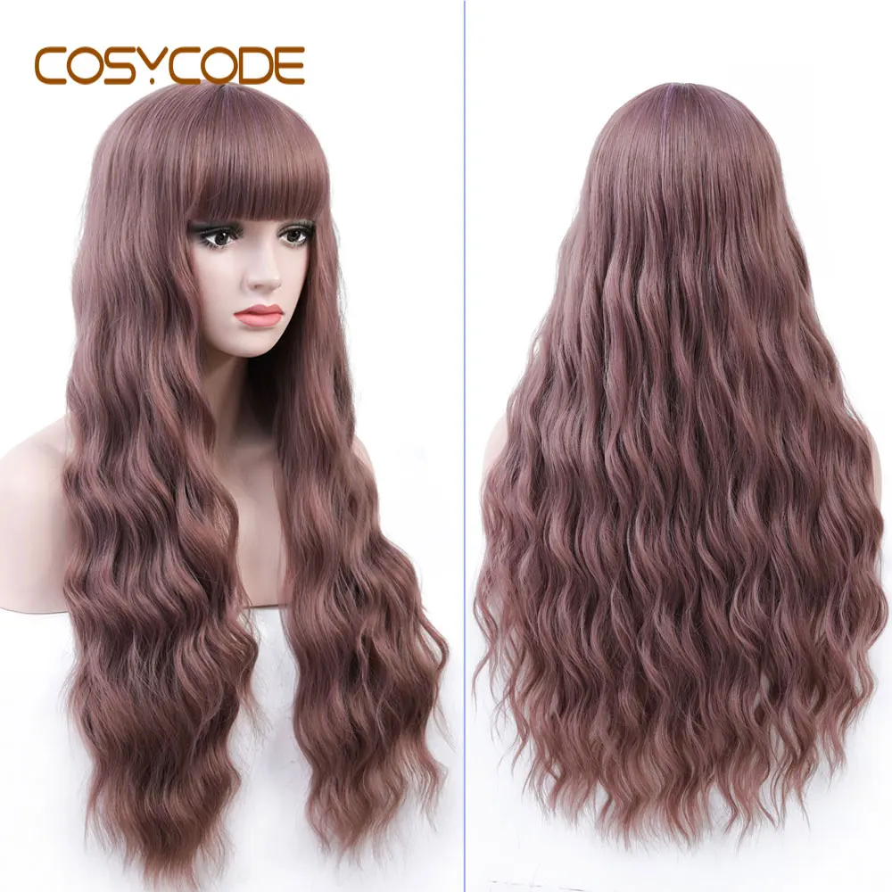 brown-pink-purple COSYCODE, черный парик с челкой, 24 дюйма, длинные волнистые волосы, женский парик, некружевной синтетический парик для косплея, костюм, 60 см - Цвет: brown-pink-purple