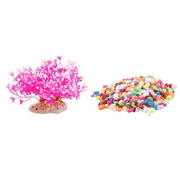 

1x Aquatic Dwarf Plastic Plant Ornament Hot Pink White for Fish Tank & 1 Pack of Colorful Aquarium Gravel Fish Tank Decoration