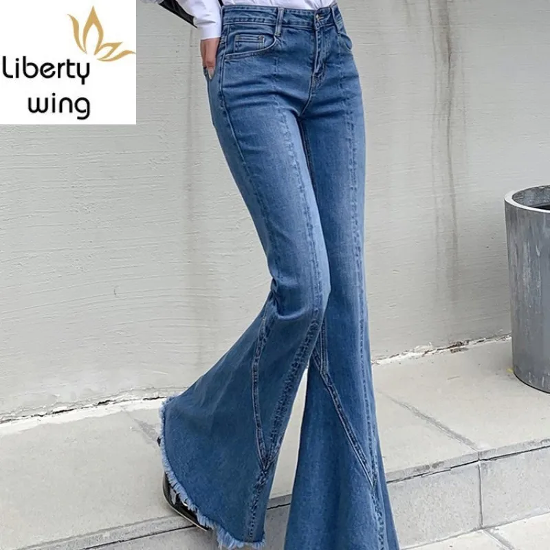 

Fashion Light Blue Tassel Flare Jeans Women Spring High Waist Slim Vintage Denim Bell-Bottom Pants Office Lady Washed Trousers