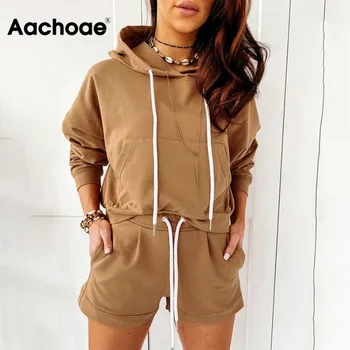 

Aachoae Casual Solid Set Women Summer Autumn Batwing Long Sleeve Sports Hooded Hoodies And Loose Home Lady Shorts Outfit