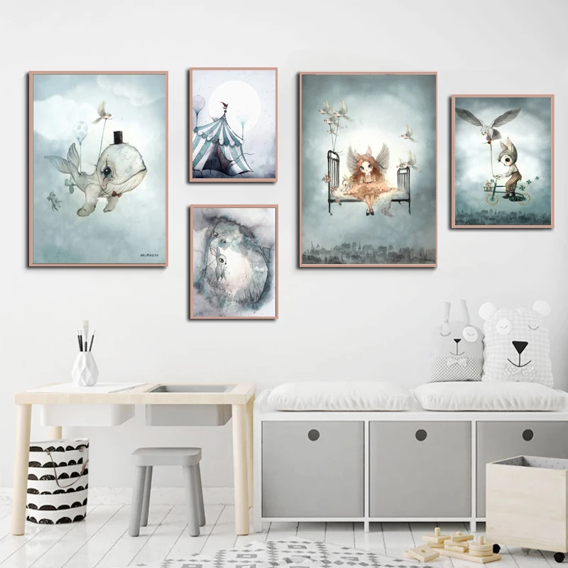 Nordic-Spray-Color-Rabbit-Girl-Canvas-Painting-Cartoon-Bicycle-Boy-Circus-Lion-Whale-Wall-Picture-Animal (3)
