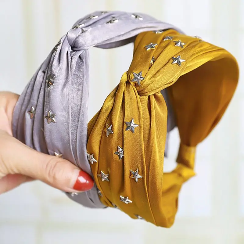 

Korean Metallic Glitter Velvet Solid Color Wide Headband Hot Stamping Star Studded Hair Hoop Women Styling Twist Knot Headpiece