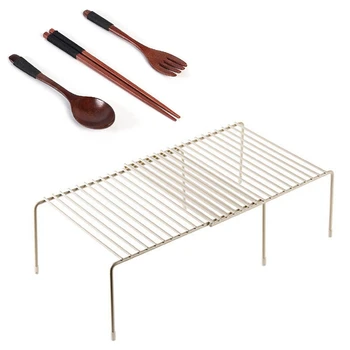 

Expandable Cabinet Shelf Adjustable Kitchen Countertop Organizer Storage Rack with 5 Set WoodenTableware Cutlery Set