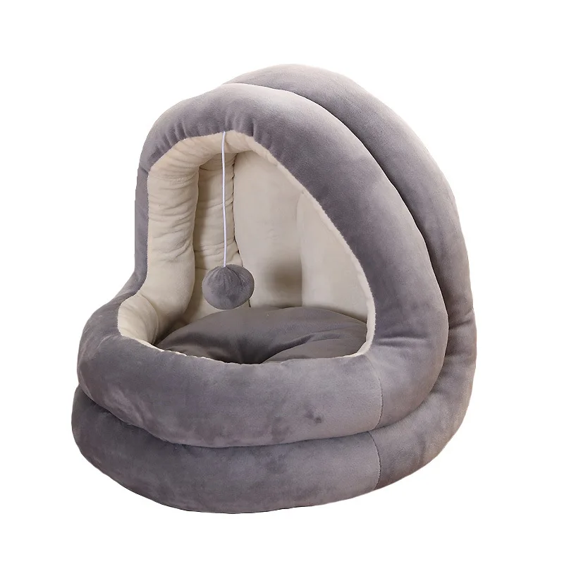 With Cloth Ball Play Cat Nest Winter Warm Cat Semi Closed Cat House Plush Thickened Cat Villa All Season Small Dog Kennel
