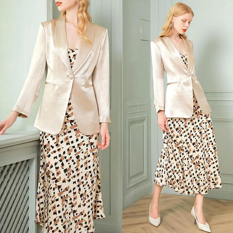 

2021 Spring Geometric Print Spaghetti Strap Dress Brazer Coat Two Piece Suit Woman Fashion Japanese Office a Line Dress Outifits