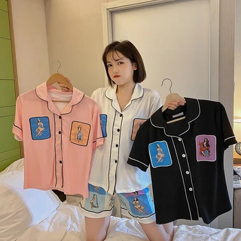 

Summer Sleepwear Set Ladies Casual Pajamas 2Pcs Short Sleeve Shorts Fashion Pyjamas Turn-down Collar Homewear Loungewear S022
