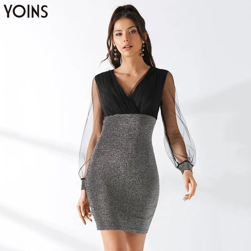 YOINS, Осень-зима, женские платья, сексуальные, ажурные, с v-образным вырезом, с блестками, украшенные, с длинным рукавом, черное платье, обычные, вечерние