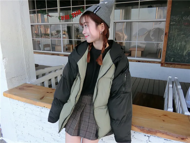Woherb/ зимние куртки с капюшоном в стиле Харадзюку Женская свободная негабаритная парка корейские теплые стеганые пальто контрастная цветная куртка-пуховик