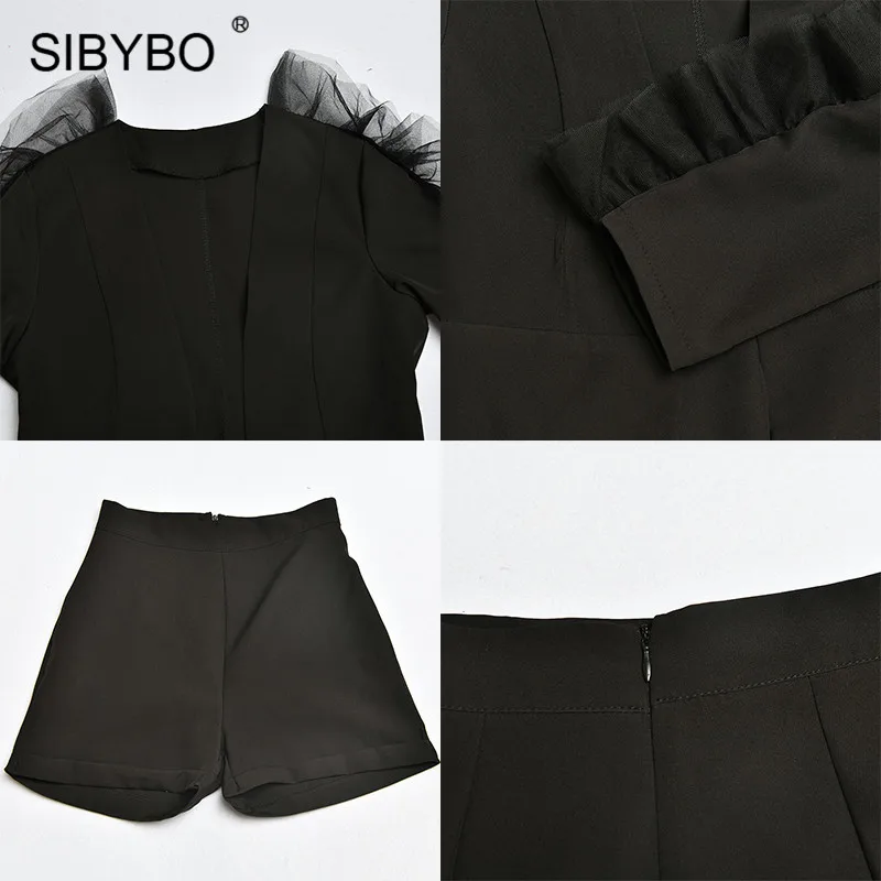 SIBYBO сексуальный женский блейзер с глубоким v-образным вырезом и шорты, комплект с длинным рукавом, весенний комплект из двух предметов, Женский Черный Повседневный Женский комплект
