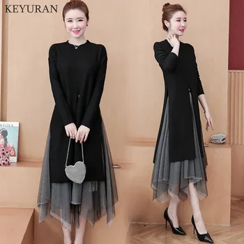 

2020 Autumn Spring Women Elegant Pullover Sweater Dress + Irregular Mesh Skirt 2 piece set Knitted Midi Dress Female Black Suit