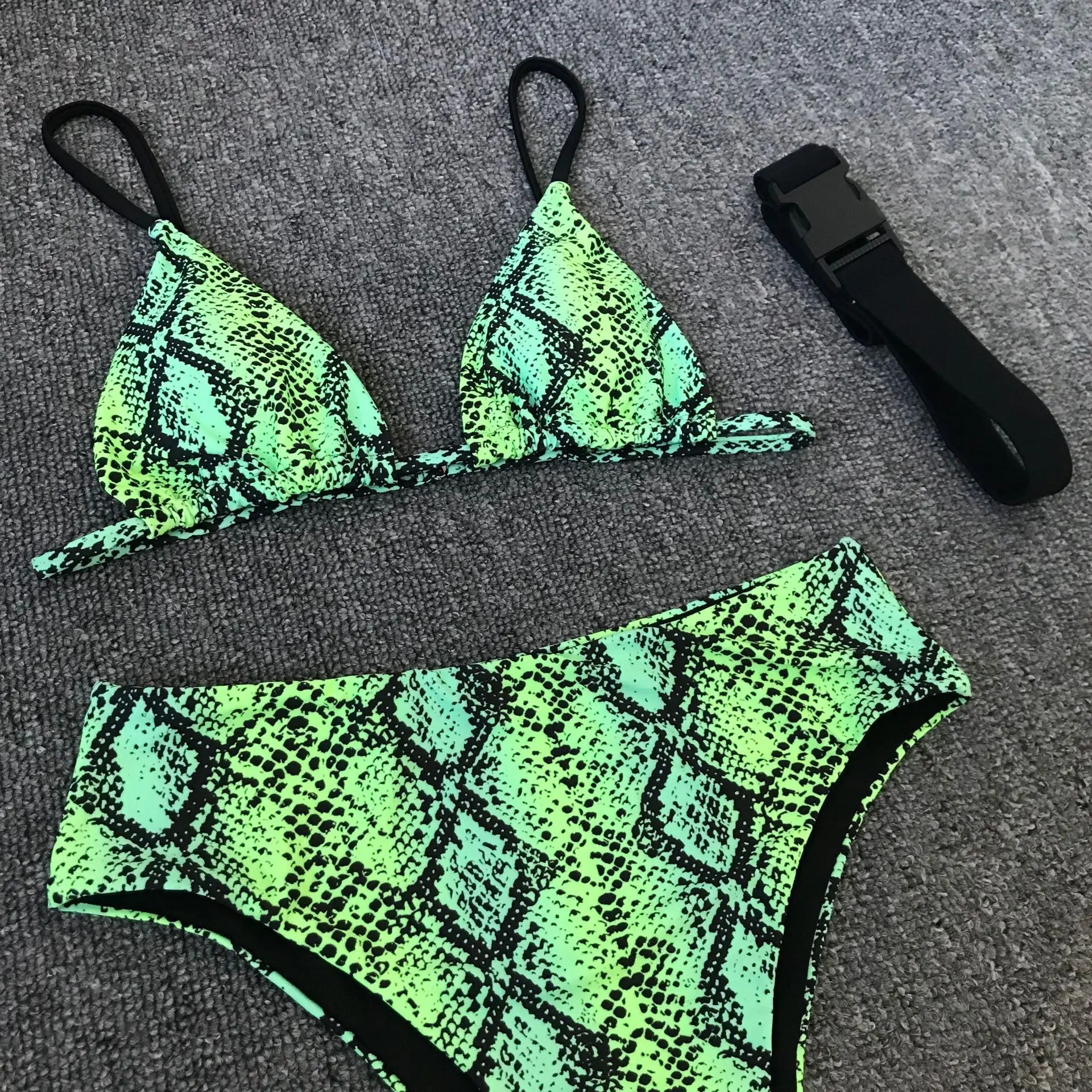 Сексуальный зеленый змеиный принт бикини с поясом пуш-ап купальник женский цельный купальник бикини с высокой талией купальный костюм Пляжная одежда