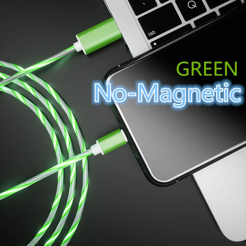 green Струящийся кабель со светодиодной подсветкой для iPhone XR XS Max X 7 8, зарядный кабель Micro usb type C, Android, кабели для передачи данных и зарядки - Цвет: green