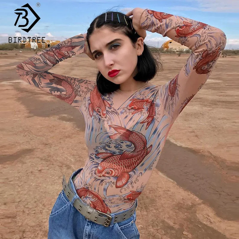 Fashion Print Bodysuit Women Mesh Transparent Thin Jumpsuit Rompers Long Sleeve Slim Fit Body Suit Mono D02216B | Женская одежда