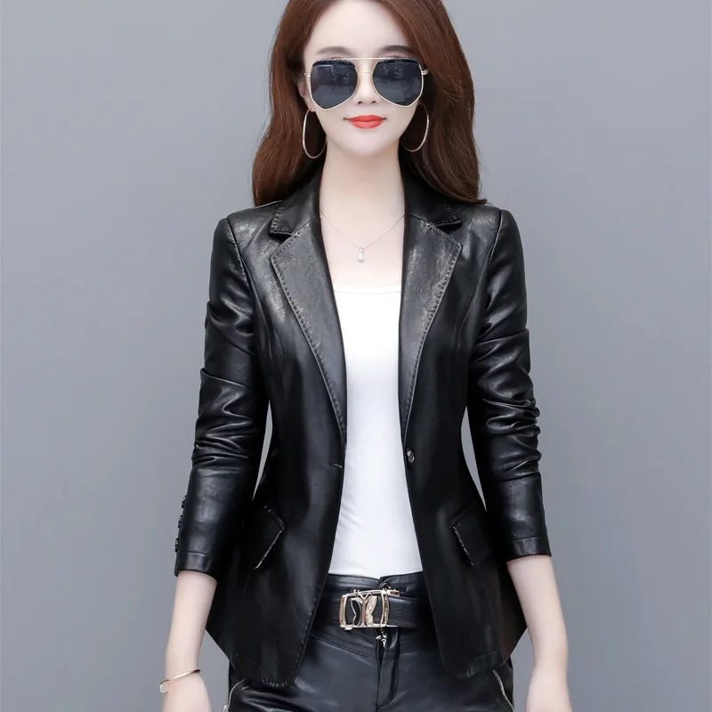 black jacket 5XL Женские красные пиджаки из искусственной кожи большого размера плюс женские тонкие модные черные Куртки из искусственной кожи желтое короткое пальто - Цвет: black jacket