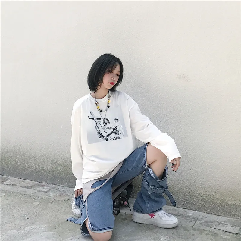 Lychee Harajuku женская футболка с принтом темной Статуя Ангела Осенняя женская футболка с круглым вырезом футболки свободные женские футболки