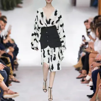 

High Quality 2019 White Print Women Knee-Length Dress Autumn Runway Designer Vintage Long Sleeve Printed Dress With Sashes