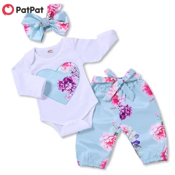 

PatPat Spring Autumn Cotton Casual Newborn Beautiful Floral Bodysuit and Pants and Bow Headband Set for Baby Girl Jumpsuit