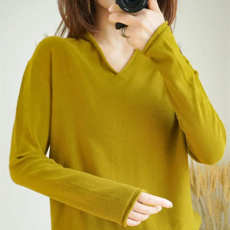 Smpevrg 19 100% cotton knitted sweater female pullovers V-neck long-sleeve women pullover female loose fashion jumper pull femme