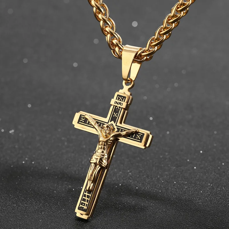 2019-New-Design-Piece-Catholic-Jesus-Christ-Cross-Crucifix-Stainless-Steel-Pendant-Necklace-24-Chain (2)