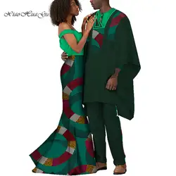2019 африканские платья для женщин Базен рубашка и брюки мужские комплекты из 3 предметов одежда для влюбленных пар платье с принтом
