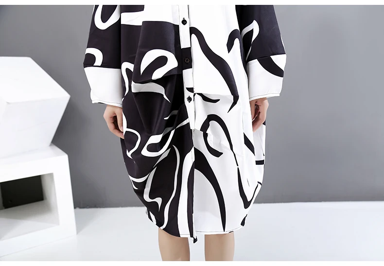 New Fashion Black And White Tie Dye Print Shirt Dress