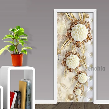 

Door Sticker Luxury Flower Waterproof Living Room Bedroom Door Wallpaper Self Adhesive Art Wall Decals Imitation 3D Wall Sticker