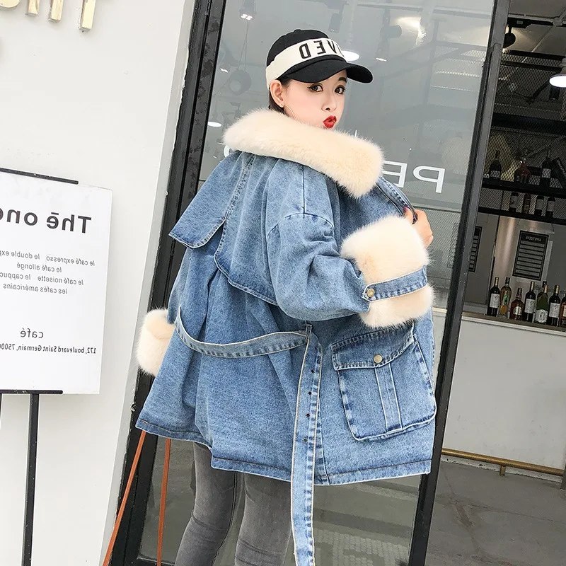 

Winter Women's Students Cotton Coat Mid-length Cotton-padded Jacket Sub-Inner Wearing Furry Plush Thick Overcoat Cowboy Cotton O