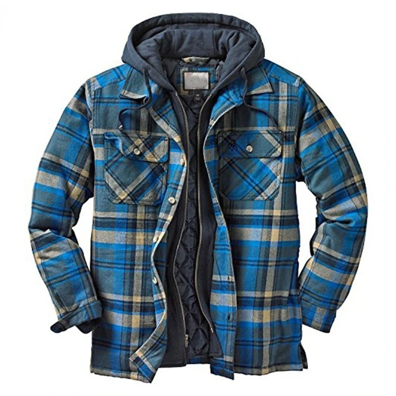 Men's Hooded Quilted Lined Fleece Shirt Jacket, Long Sleeve Plaid Button Up Jackets  Autumn and Winter Thick Coats