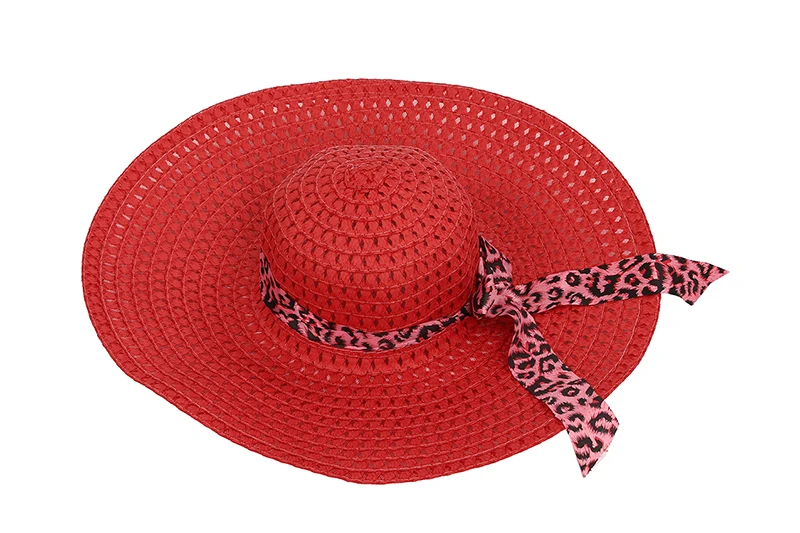 

Red Summer Exquisite Leopard Ribbon Bowknot Decorated Openwork Sun Hat For Women
