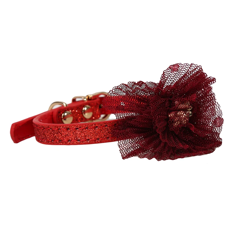 2 Colors Small Dog Collar Flower Lace Adjustable Cat Collar Soft Leather Pet Collar For Dogs Cats 1.0*28cm