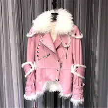 Натуральная Овчина кожаная куртка женская монгольская овчина меховой воротник настоящая подкладка из кроличьего меха Рекс мотоциклетная куртка розовый черный
