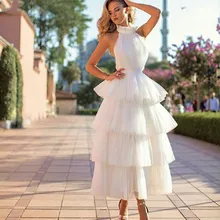 Милые Холтер спинки миди вечерние платья Дубай многоуровневые Тюль Белый Розовый арабский лодыжки длина выпускного вечера встречи выпускников вечерние платья