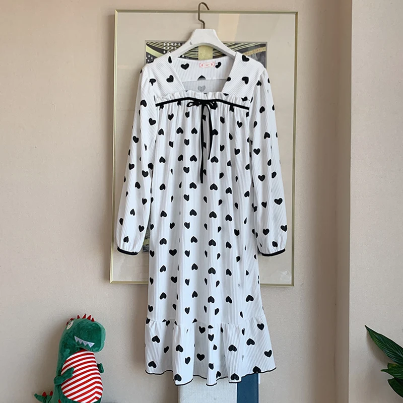 Nightdress women autumn and winter pajamas pure cotton long-sleeved love new sweet home service sleepwear
