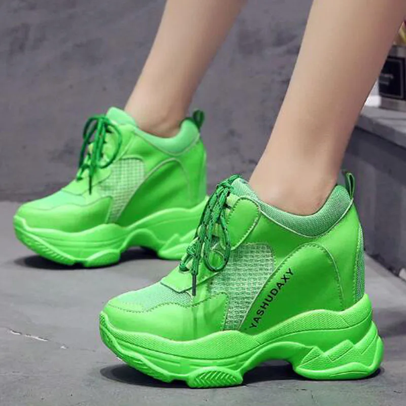

Women Casual Colored Shoes comfortable platform Mesh wedge shoes height increasing Lace Up round toe breathable sneakers B21-68