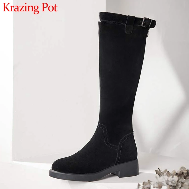 

Krazing pot 2019 genuine leather cow suede med heels keep warm online star thin leg metal buckle decoration knee-high boots L5f1