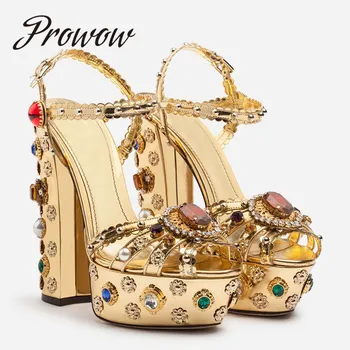 

Prowow Gold Jewel Emblishment Metallic Leather Plaftorm Sandals Floral Embroidery Chunky Heels Bridal Wedding Sandals