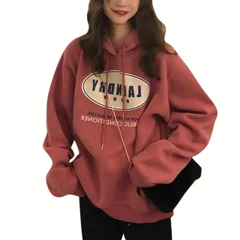 

New Women Simple Autumn Winter Long Sleeve Cute Letter Print Casual Loose Hooded Sweatshirt
