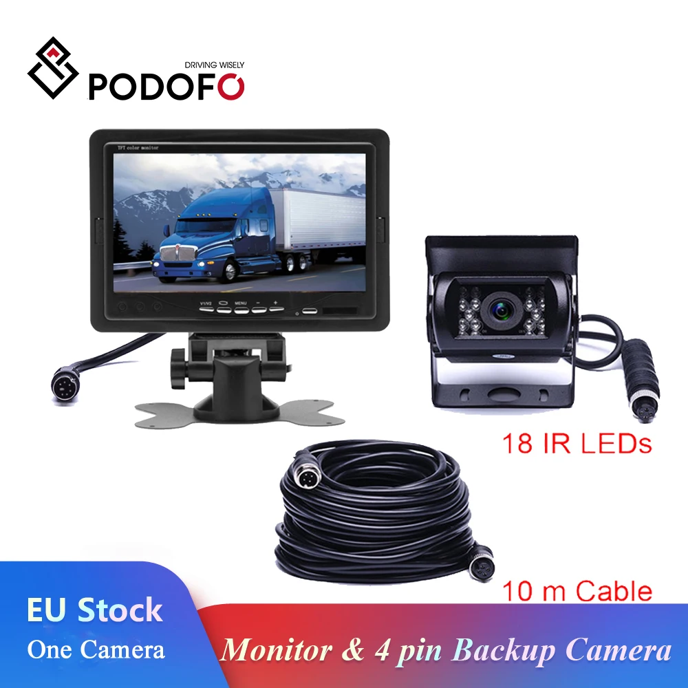Podofo DC 12V-24V 7 "Monitor samochodowy TFT LCD wyświetlacz + 4 Pin IR Night Vision widok z tyłu kamery dla autobus ciężarówka RV karawana przyczepy