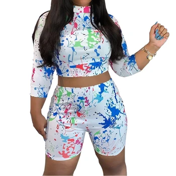 

Streetwear Graffiti Print Sexy Two Piece Sets Turtleneck Half Sleeve Crop Top With Shorts Women White Summer Tracksuits 2019