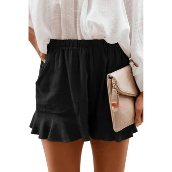 

High Waist Casual Shorts Women Casual Pocket A-line Ruffles Shorts 2020 Plus Size Ladies Summer Loose Black Red Hot Shorts Mujer