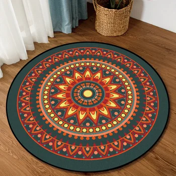 

Retro Orange Green Mandala Ethnic-Style Living Room Bedroom Nacelle Chair Anti-slip Circle Mat Rug