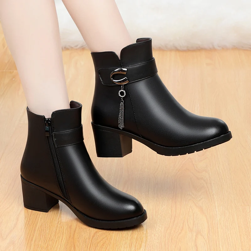 GKTINOO NEW Fashion Soft Leather Women Ankle Boots High Heels Zipper Shoes Warm Wool Winter Boots for Women Plus Size 35-43