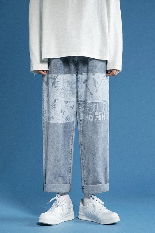 2020 new ins jeans men's trend handsome versatile straight loose wide leg pants waist pants streetwear cheap clothes china