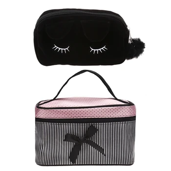 

Cartoon Storage Case Travel Makeup Pouch Cosmetic Bag (Black) with Women Stripe Bow Monolayer Cosmetic Bag (Black)