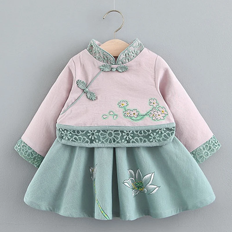 Зеленый Платье для маленьких девочек в китайском стиле vestido Infantil/платье принцессы с длинными рукавами для вечеринки и свадьбы, платье-пачка весна-осень, 3 года - Цвет: Зеленый