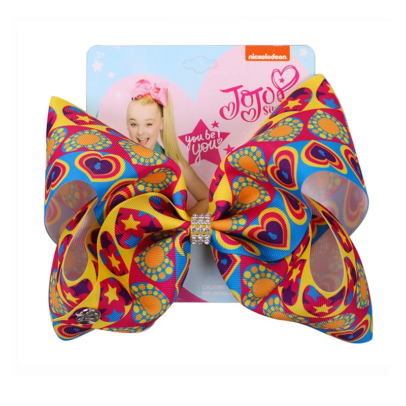 7" New Jojo Siwa Hair Bows for Girls Print Ribbon JOJO BOWS Handmade Rhinestone Hair Clip Valentine's Day Hair Accessories - Color: 8