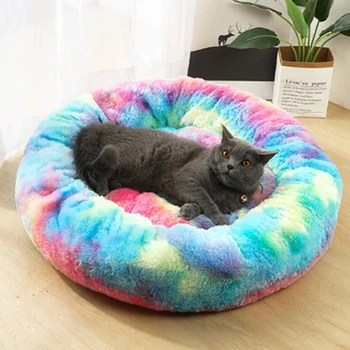 

Round Pet Cat Bed Long Plush Warm Cat Dog Bed House Rainbow Color Soft Puppy Cushion Comfortable Kennel